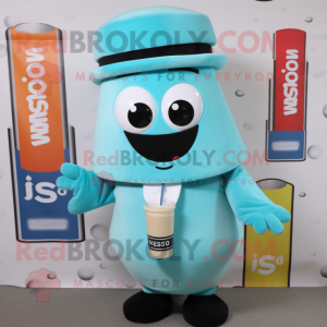 Turquoise Miso Soup mascot costume character dressed with a Vest and Hats