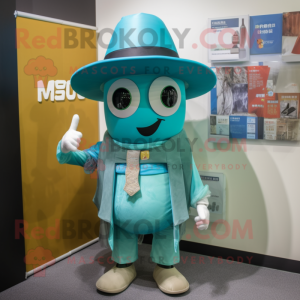 Turquoise Miso Soup mascot costume character dressed with a Vest and Hats