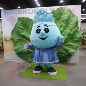 Sky Blue Cabbage Leaf mascot costume character dressed with a Dress Shirt and Cufflinks