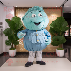 Sky Blue Cabbage Leaf mascot costume character dressed with a Dress Shirt and Cufflinks