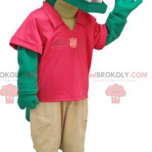 Mascote crocodilo verde em traje vermelho e bege -