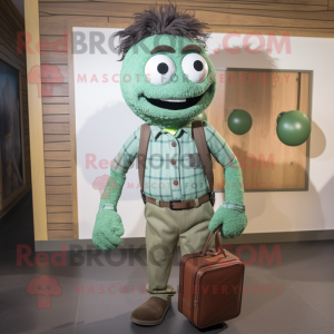 Green Meatballs mascot costume character dressed with a Button-Up Shirt and Briefcases