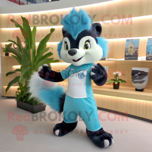 Sky Blue Skunk mascot costume character dressed with a Bikini and Lapel pins