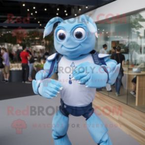 Sky Blue Hermit Crab mascot costume character dressed with a Chinos and Smartwatches