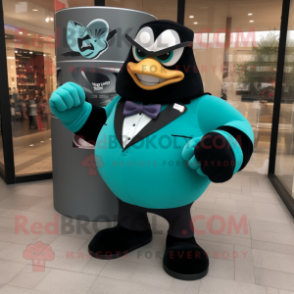 Teal Strongman mascot costume character dressed with a Tuxedo and Cufflinks