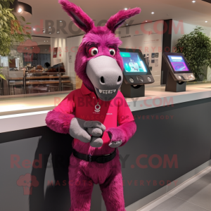 Magenta Donkey mascot costume character dressed with a Jeggings and Bracelet watches