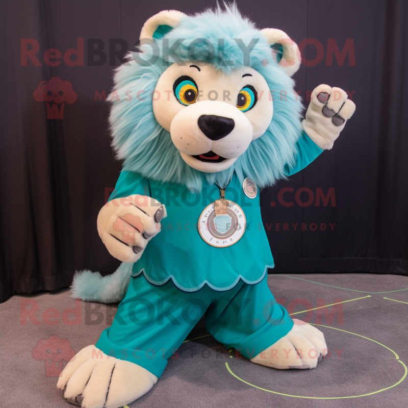 Personagem de fantasia de mascote Teal Tamer Lion vestido com uma saia  circular e alfinetes de gravata