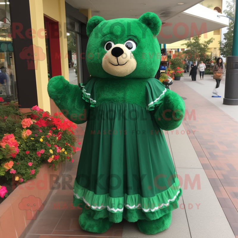 Forest Green Teddy Bear mascot costume character dressed with a Ball Gown and Shawls