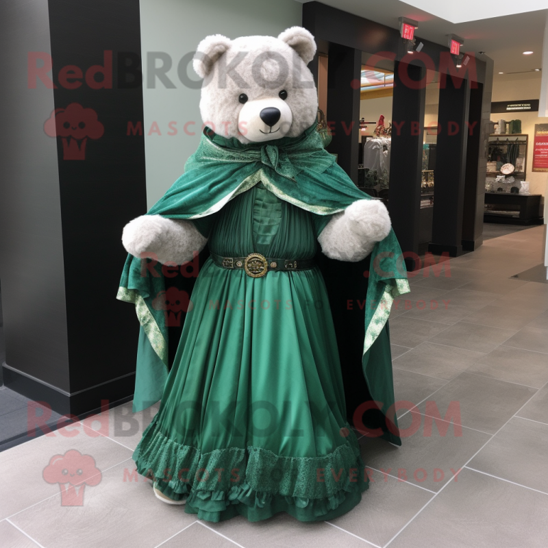 Forest Green Teddy Bear mascot costume character dressed with a Ball Gown and Shawls