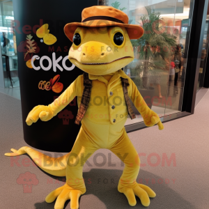 Gold Geckos mascot costume character dressed with a Corduroy Pants and Suspenders