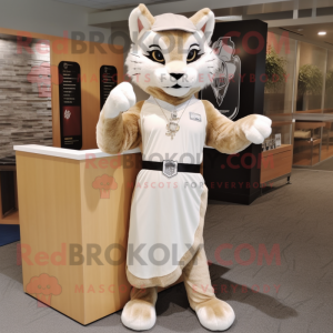 Beige Bobcat mascot costume character dressed with a Sheath Dress and Headbands