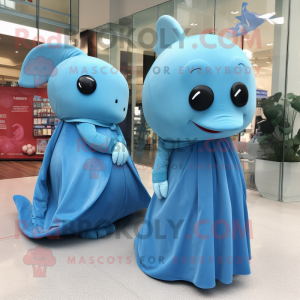 Sky Blue Blue Whale mascot costume character dressed with a Wrap Dress and Cufflinks