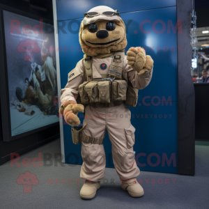 Tan Marine Recon mascot costume character dressed with a Dungarees and Scarves