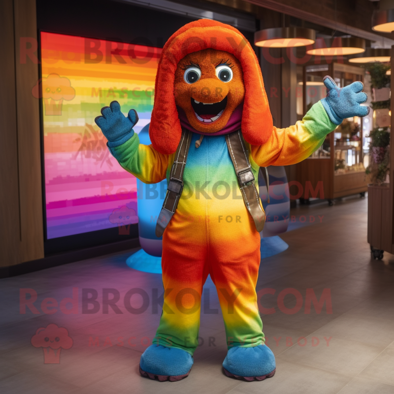 Rust Rainbow mascot costume character dressed with a Jumpsuit and Bracelets