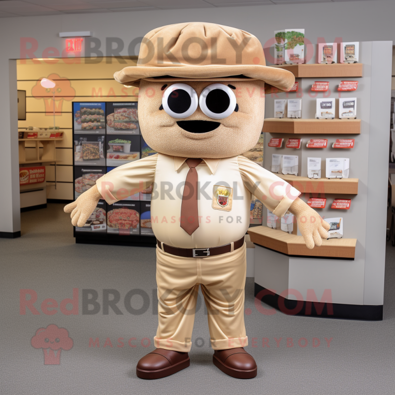 Tan Hamburger mascot costume character dressed with a Oxford Shirt and Caps