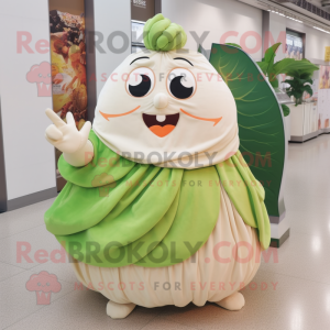 Peach Cabbage Leaf mascot costume character dressed with a Wedding Dress and Coin purses