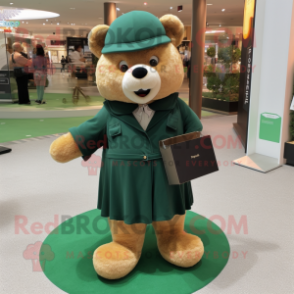 Forest Green Teddy Bear mascot costume character dressed with a Wrap Skirt and Wallets
