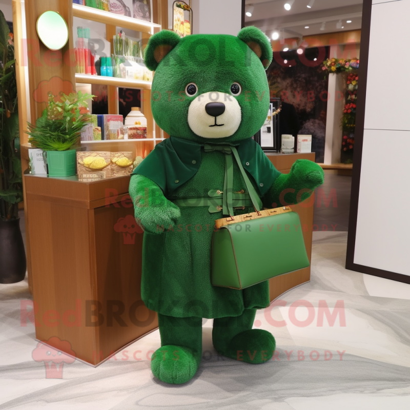 Forest Green Teddy Bear mascot costume character dressed with a Wrap Skirt and Wallets