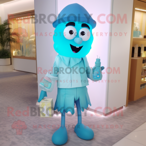 Cyan Scented Candle mascot costume character dressed with a Bermuda Shorts and Clutch bags