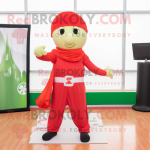 Red Irish Flag mascot costume character dressed with a Yoga Pants and Tie pins