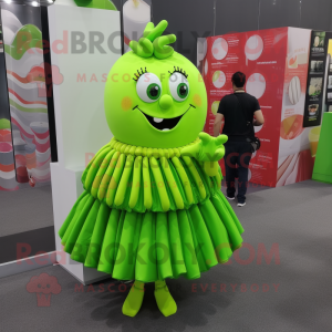 Lime Green Chocolates mascot costume character dressed with a Pleated Skirt and Hairpins