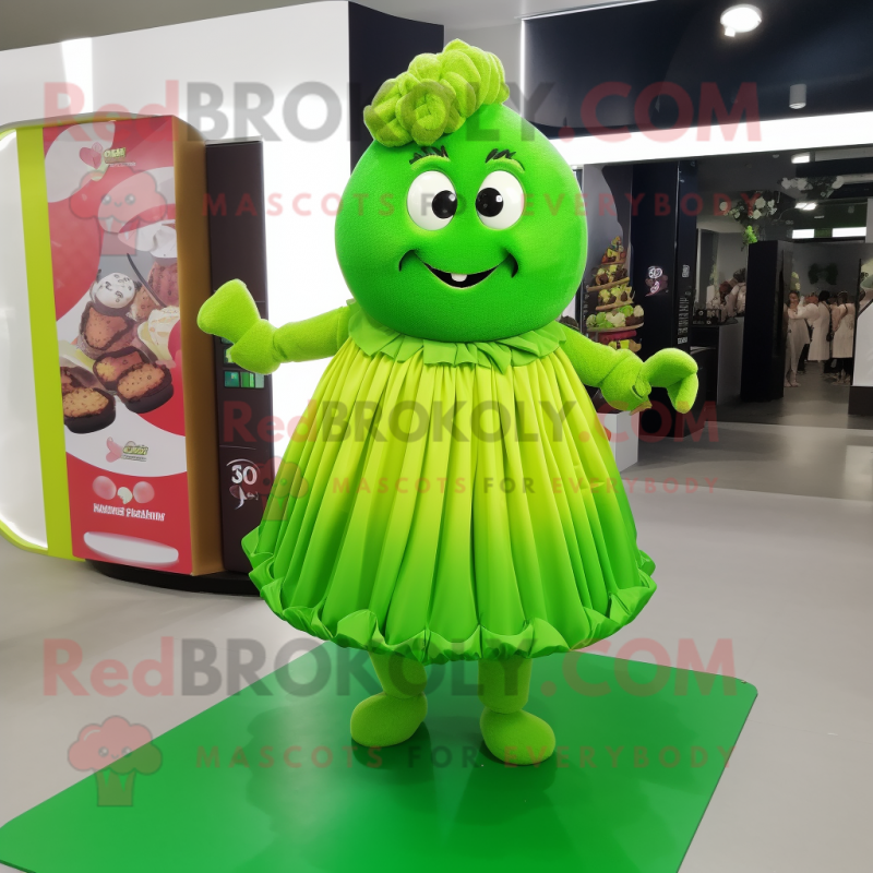 Lime Green Chocolates mascot costume character dressed with a Pleated Skirt and Hairpins