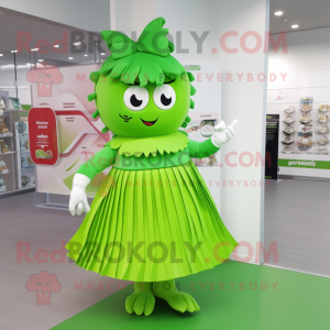 Lime Green Chocolates mascot costume character dressed with a Pleated Skirt and Hairpins