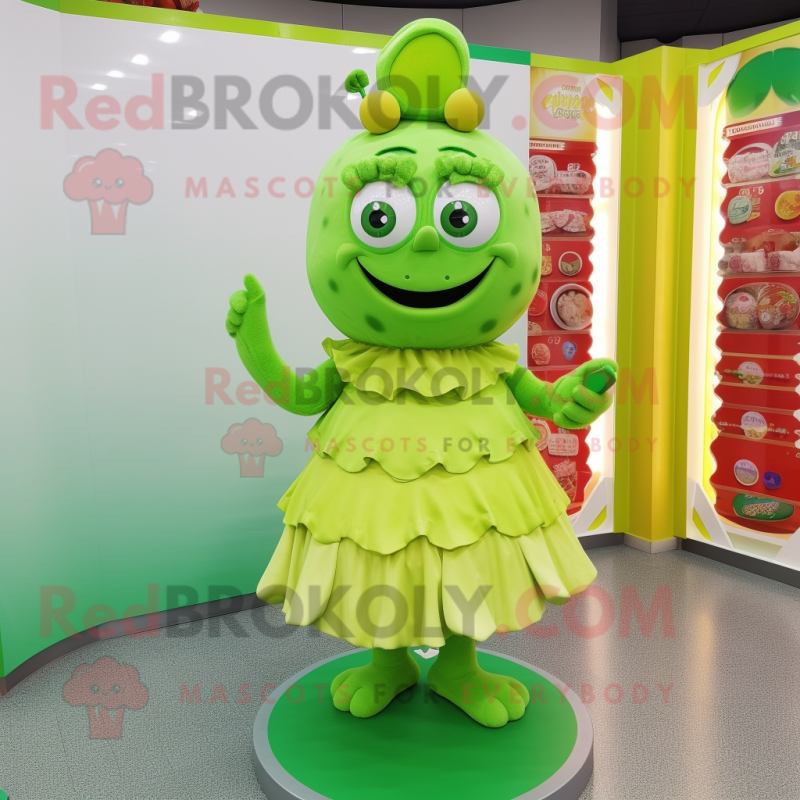 Lime Green Chocolates mascot costume character dressed with a Pleated Skirt and Hairpins