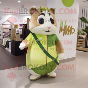 Olive Hamster mascot costume character dressed with a Jumpsuit and Handbags