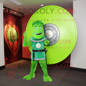 Lime Green Celtic Shield mascot costume character dressed with a Flare Jeans and Watches