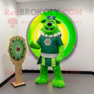 Lime Green Celtic Shield mascot costume character dressed with a Flare Jeans and Watches