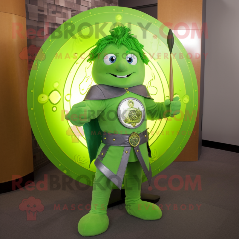 Lime Green Celtic Shield mascot costume character dressed with a Flare Jeans and Watches