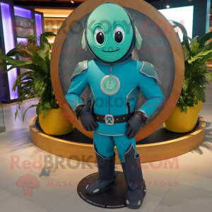 Turquoise Celtic Shield mascot costume character dressed with a Moto Jacket and Shoe clips