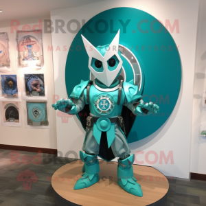 Turquoise Celtic Shield mascot costume character dressed with a Moto Jacket and Shoe clips