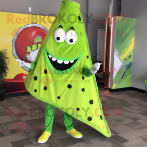 Lime Green Pizza Slice mascot costume character dressed with a Jeggings and Shawl pins