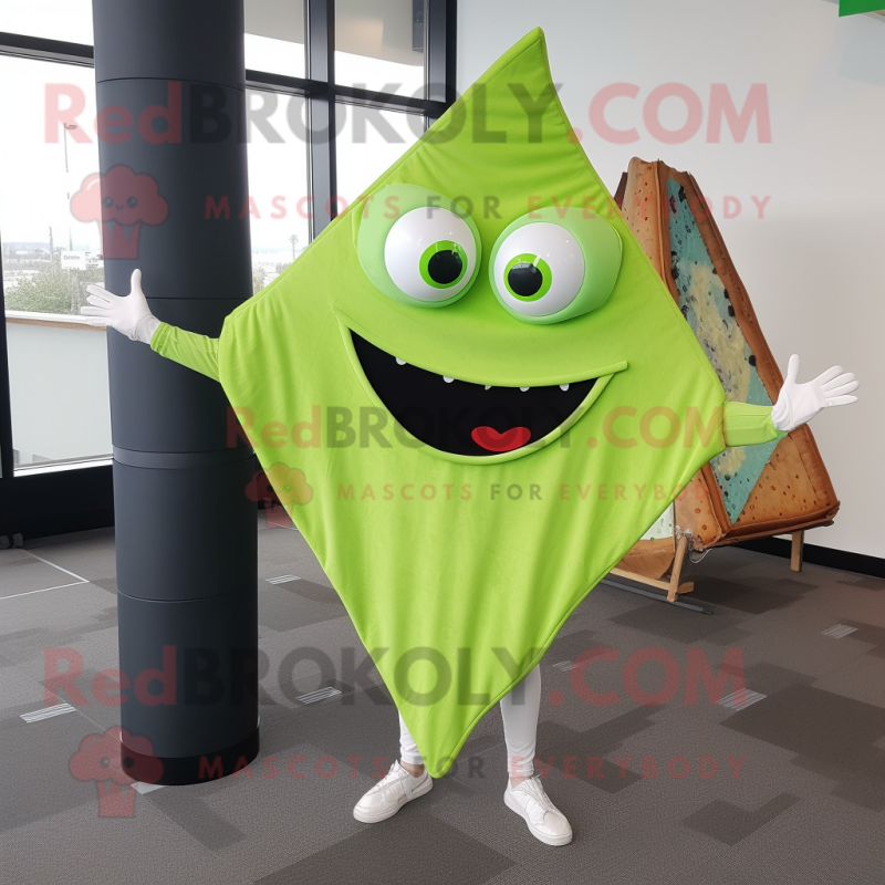 Lime Green Pizza Slice mascot costume character dressed with a Jeggings and Shawl pins