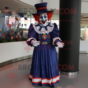 Navy Evil Clown mascot costume character dressed with a Empire Waist Dress and Caps