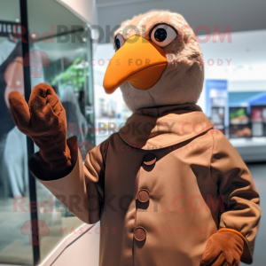 Brown Seagull mascot costume character dressed with a Turtleneck and Gloves