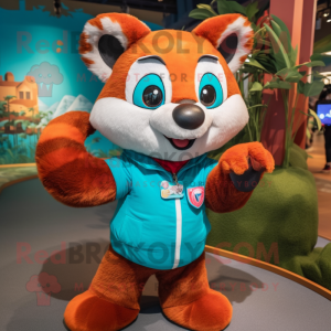 Turquoise Red Panda mascot costume character dressed with a Henley Tee and Gloves