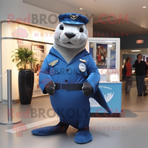 Navy Sea Lion mascot costume character dressed with a Jumpsuit and Messenger bags