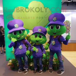 Purple Bunch Of Shamrocks mascot costume character dressed with a Denim Shorts and Berets