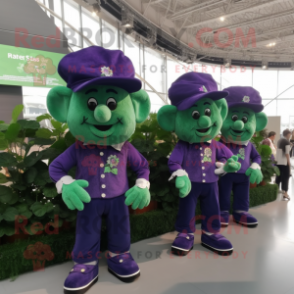 Purple Bunch Of Shamrocks mascot costume character dressed with a Denim Shorts and Berets