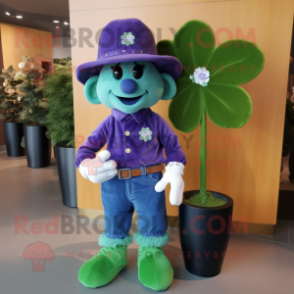 Purple Bunch Of Shamrocks mascot costume character dressed with a Denim Shorts and Berets