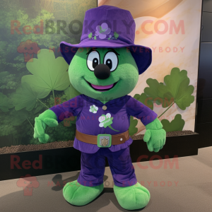 Purple Bunch Of Shamrocks mascot costume character dressed with a Denim Shorts and Berets