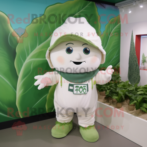 White Cabbage Leaf mascot costume character dressed with a Dungarees and Keychains