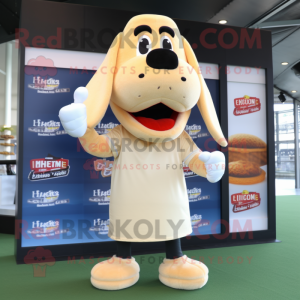 Cream Hot Dogs mascot costume character dressed with a Rugby Shirt and Hat pins