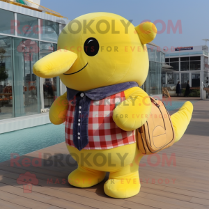 Lemon Yellow Whale mascot costume character dressed with a Flannel Shirt and Clutch bags