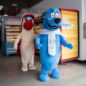 Blue Hot Dogs mascot costume character dressed with a Cargo Pants and Shawls