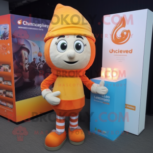 Orange Scented Candle mascot costume character dressed with a Chinos and Headbands