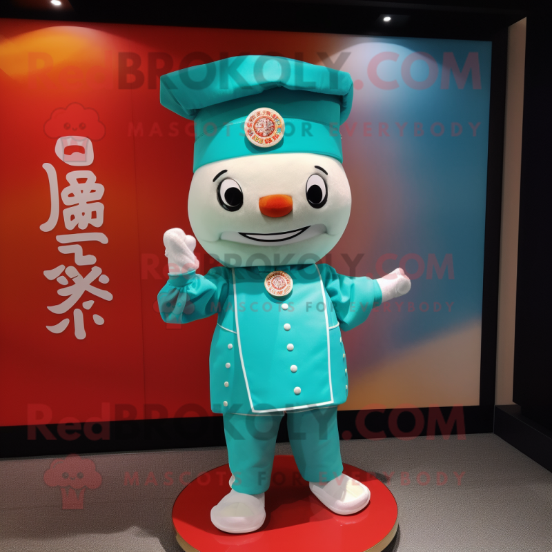 Turquoise Dim Sum mascot costume character dressed with a Polo Shirt and Hat pins